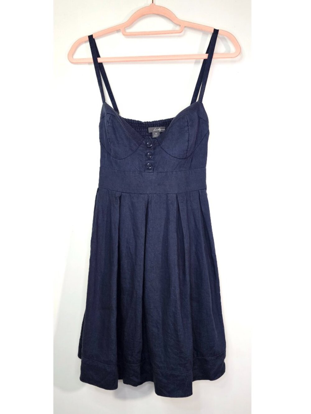 Forever 21 100% Linen Fit & Flare Tie Back Mini Sundress Dress M Navy Blue